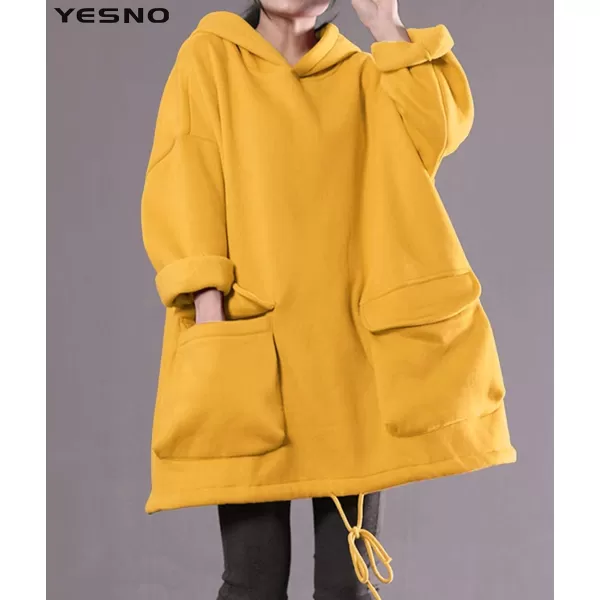 YESNO WZF Women Casual Fleece Pullover Hoodies Plus Size Active JacketLarge PocketsWzf Yellowfleeced