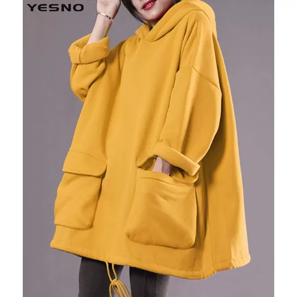 YESNO WZF Women Casual Fleece Pullover Hoodies Plus Size Active JacketLarge PocketsWzf Yellowfleeced