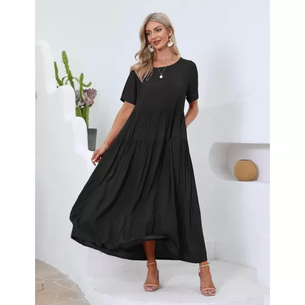 YESNO Women Casual Loose Bohemian Floral Dresses with Pockets Short Sleeve Summer Beach Swing Dress1 Black