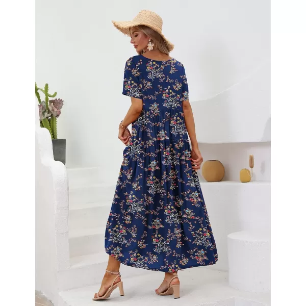 YESNO Women Casual Loose Bohemian Floral Dresses with Pockets Short Sleeve Summer Beach Swing DressBlue