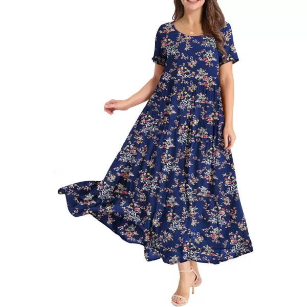 YESNO Women Casual Loose Bohemian Floral Dresses with Pockets Short Sleeve Summer Beach Swing DressBlue