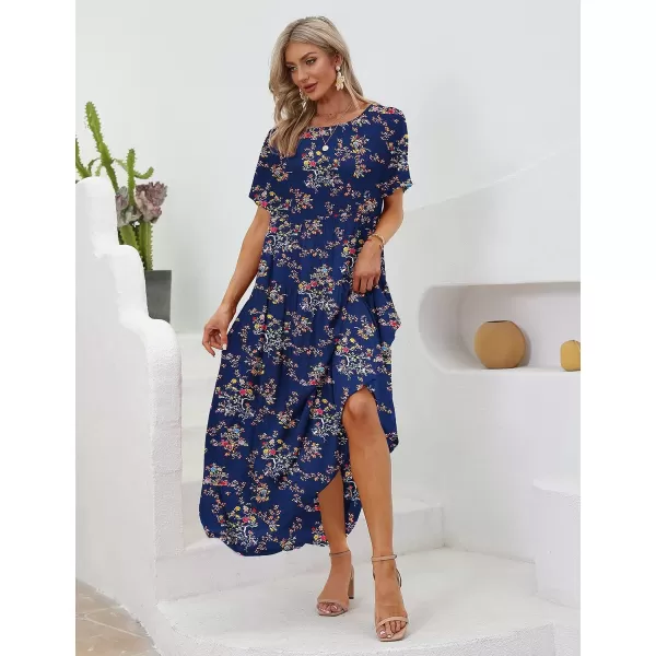 YESNO Women Casual Loose Bohemian Floral Dresses with Pockets Short Sleeve Summer Beach Swing DressBlue