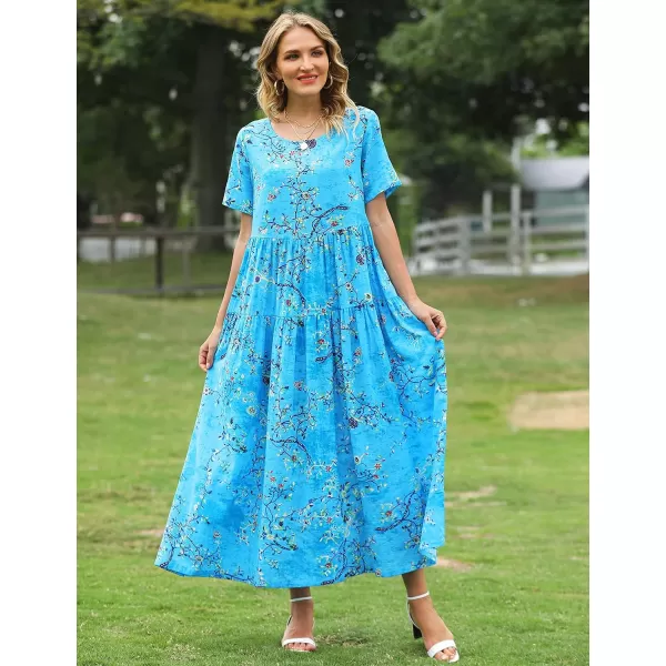 YESNO Women Casual Loose Bohemian Floral Dresses with Pockets Short Sleeve Summer Beach Swing DressBlueYellow