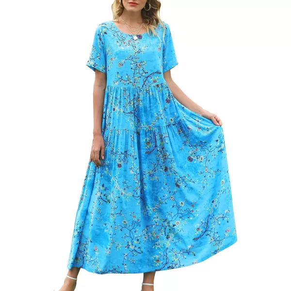 YESNO Women Casual Loose Bohemian Floral Dresses with Pockets Short Sleeve Summer Beach Swing DressBlueYellow