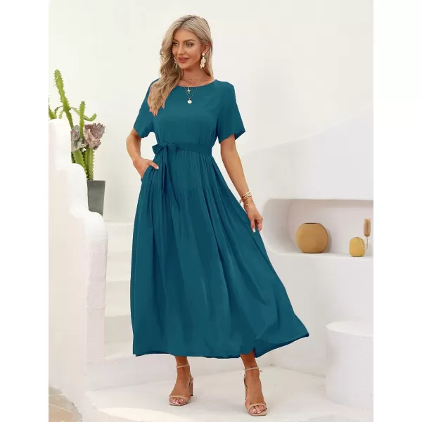 YESNO Women Casual Loose Bohemian Floral Dresses with Pockets Short Sleeve Summer Beach Swing DressDark Cyan
