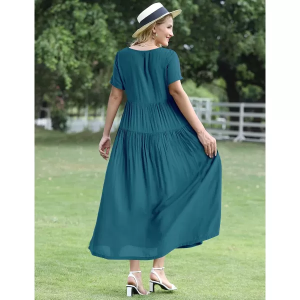 YESNO Women Casual Loose Bohemian Floral Dresses with Pockets Short Sleeve Summer Beach Swing DressDark Cyan