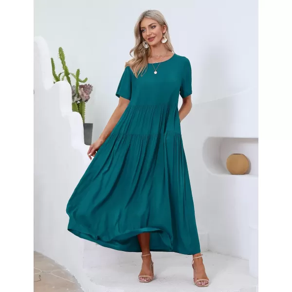 YESNO Women Casual Loose Bohemian Floral Dresses with Pockets Short Sleeve Summer Beach Swing DressDark Cyan