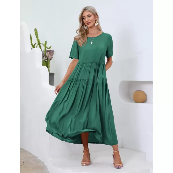 YESNO Women Casual Loose Bohemian Floral Dresses with Pockets Short Sleeve Summer Beach Swing DressDark Green