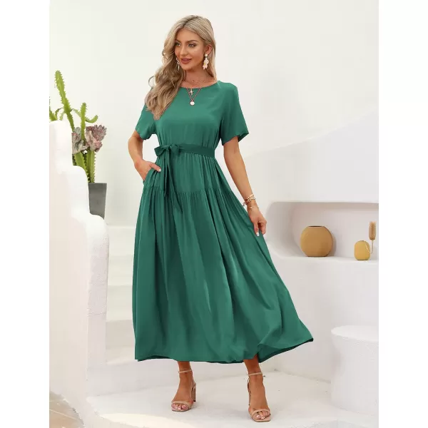 YESNO Women Casual Loose Bohemian Floral Dresses with Pockets Short Sleeve Summer Beach Swing DressDark Green