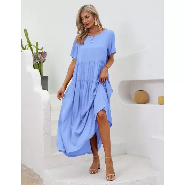 YESNO Women Casual Loose Bohemian Floral Dresses with Pockets Short Sleeve Summer Beach Swing DressLight Blue