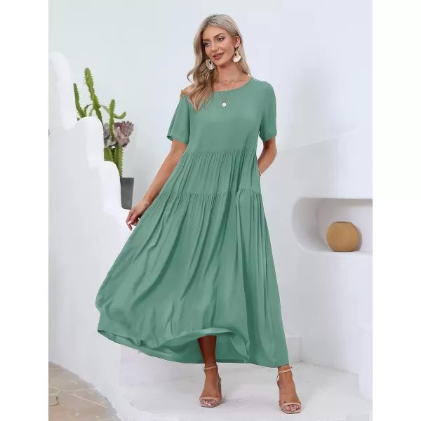 YESNO Women Casual Loose Bohemian Floral Dresses with Pockets Short Sleeve Summer Beach Swing DressPea Green