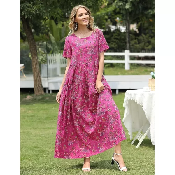 YESNO Women Casual Loose Bohemian Floral Dresses with Pockets Short Sleeve Summer Beach Swing DressPink