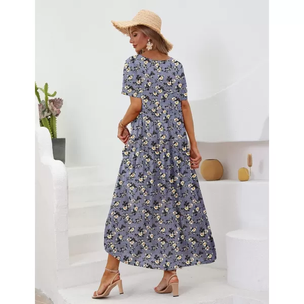 YESNO Women Casual Loose Bohemian Floral Dresses with Pockets Short Sleeve Summer Beach Swing DressPurple