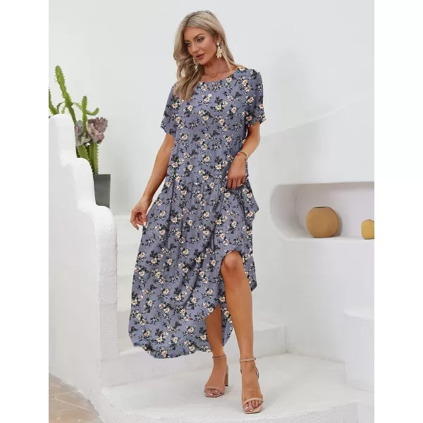 YESNO Women Casual Loose Bohemian Floral Dresses with Pockets Short Sleeve Summer Beach Swing DressPurple