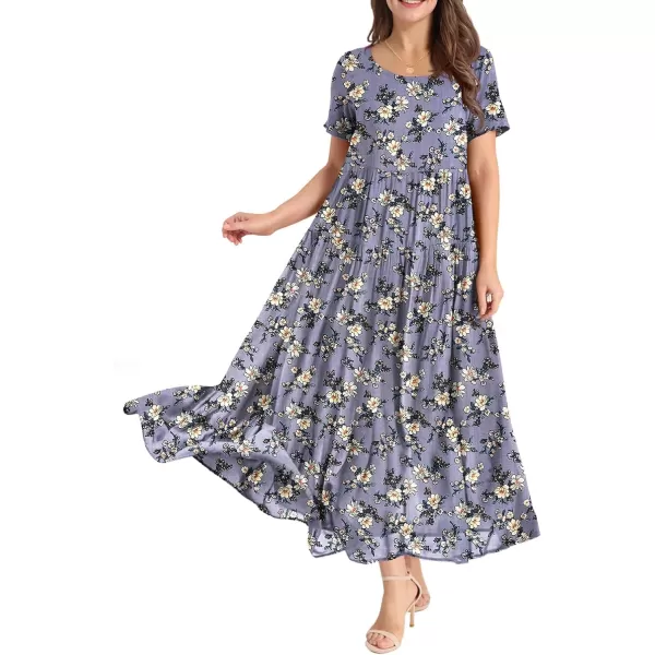 YESNO Women Casual Loose Bohemian Floral Dresses with Pockets Short Sleeve Summer Beach Swing DressPurple