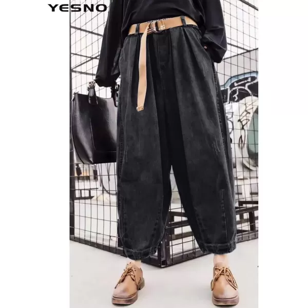 YESNO Women Casual Loose Cropped Pants Denim Bloomers Elastic Waist with Pockets PJDBlack With Zipper