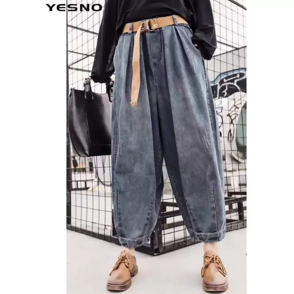 YESNO Women Casual Loose Cropped Pants Denim Bloomers Elastic Waist with Pockets PJDBlue With Zipper