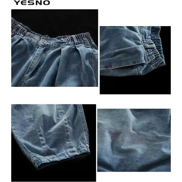 YESNO Women Casual Loose Cropped Pants Denim Bloomers Elastic Waist with Pockets PJDBlue With Zipper