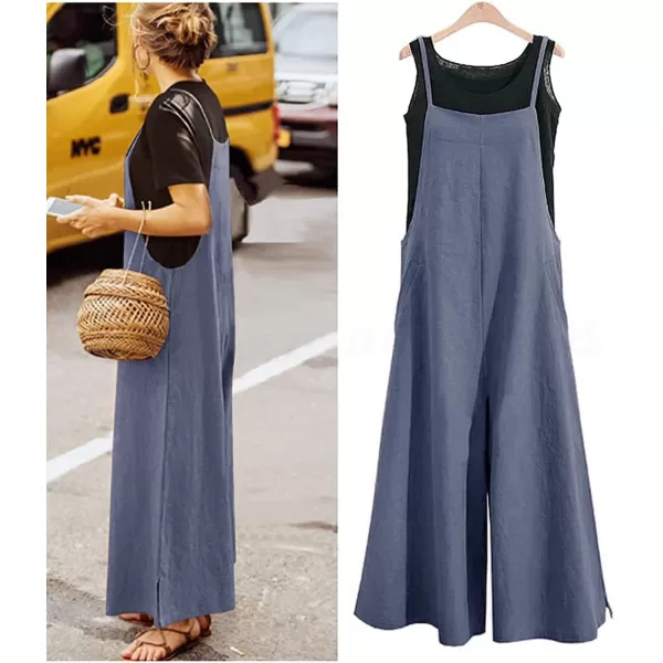 YESNO Women Casual Loose Long Bib Pants Wide Leg Jumpsuits Baggy Cotton Rompers Overalls with Pockets PZZAblue Graysplit Wide Leg