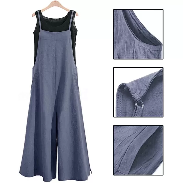 YESNO Women Casual Loose Long Bib Pants Wide Leg Jumpsuits Baggy Cotton Rompers Overalls with Pockets PZZAblue Graysplit Wide Leg