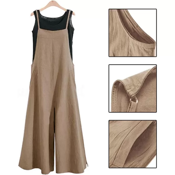 YESNO Women Casual Loose Long Bib Pants Wide Leg Jumpsuits Baggy Cotton Rompers Overalls with Pockets PZZAcamelsplit Wide Leg