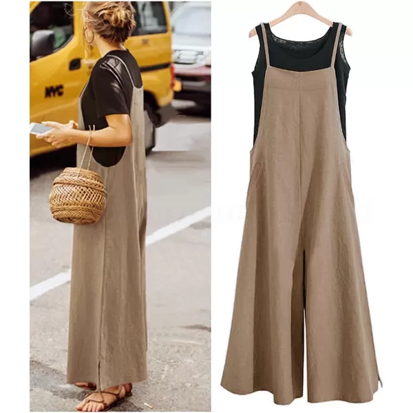 YESNO Women Casual Loose Long Bib Pants Wide Leg Jumpsuits Baggy Cotton Rompers Overalls with Pockets PZZAcamelsplit Wide Leg