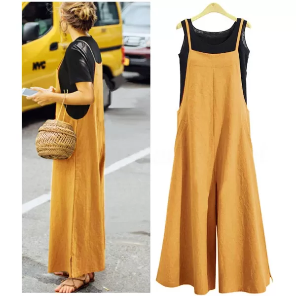 YESNO Women Casual Loose Long Bib Pants Wide Leg Jumpsuits Baggy Cotton Rompers Overalls with Pockets PZZAgingersplit Wide Leg