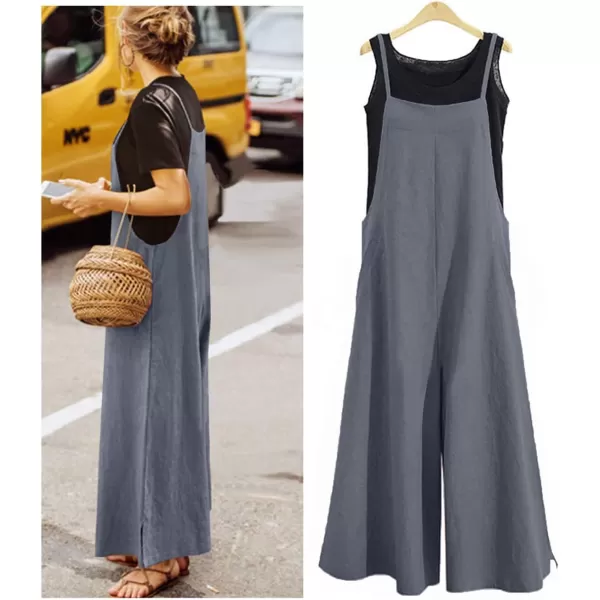 YESNO Women Casual Loose Long Bib Pants Wide Leg Jumpsuits Baggy Cotton Rompers Overalls with Pockets PZZAgraysplit Wide Leg