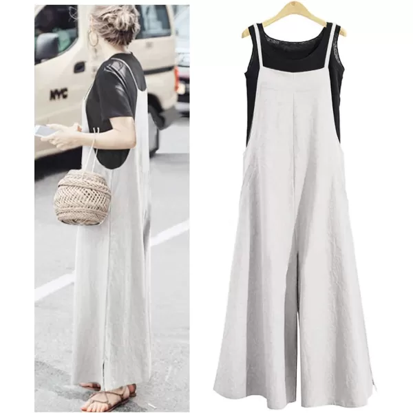 YESNO Women Casual Loose Long Bib Pants Wide Leg Jumpsuits Baggy Cotton Rompers Overalls with Pockets PZZAhempsplit Wide Leg