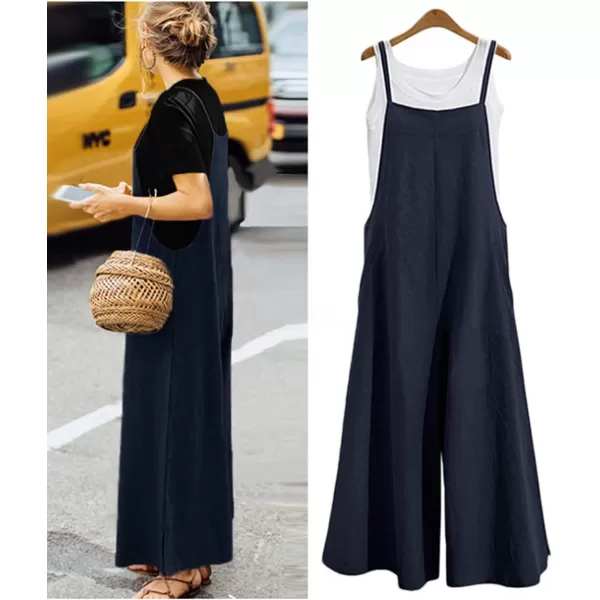 YESNO Women Casual Loose Long Bib Pants Wide Leg Jumpsuits Baggy Cotton Rompers Overalls with Pockets PZZAnavy Bluesplit Wide Leg