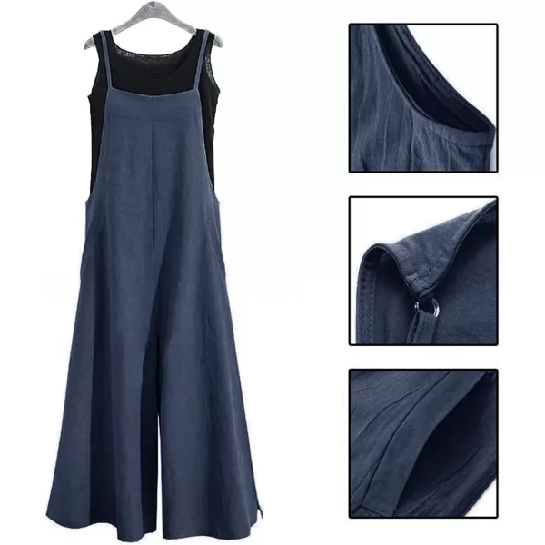 YESNO Women Casual Loose Long Bib Pants Wide Leg Jumpsuits Baggy Cotton Rompers Overalls with Pockets PZZAnavy Bluesplit Wide Leg