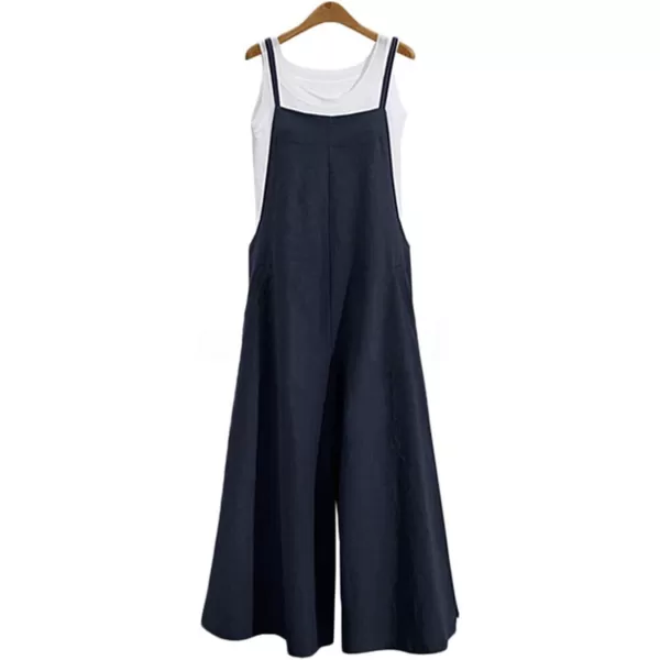 YESNO Women Casual Loose Long Bib Pants Wide Leg Jumpsuits Baggy Cotton Rompers Overalls with Pockets PZZAnavy Bluesplit Wide Leg