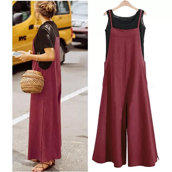 YESNO Women Casual Loose Long Bib Pants Wide Leg Jumpsuits Baggy Cotton Rompers Overalls with Pockets PZZAwinesplit Wide Leg