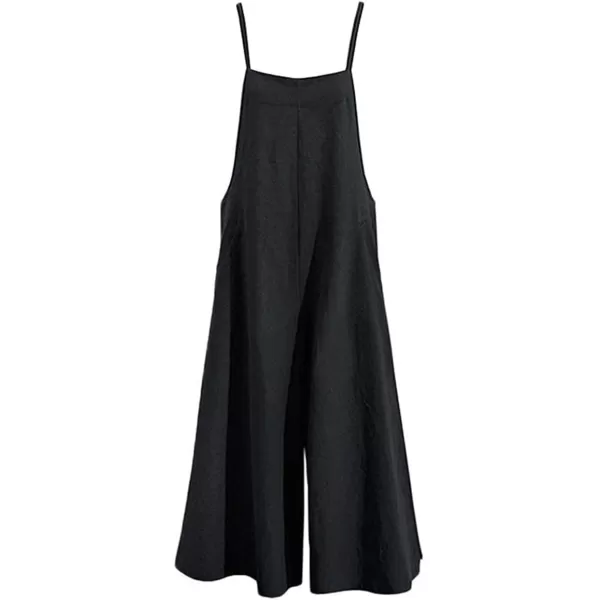 YESNO Women Casual Loose Long Bib Pants Wide Leg Jumpsuits Baggy Cotton Rompers Overalls with Pockets PZZBlack