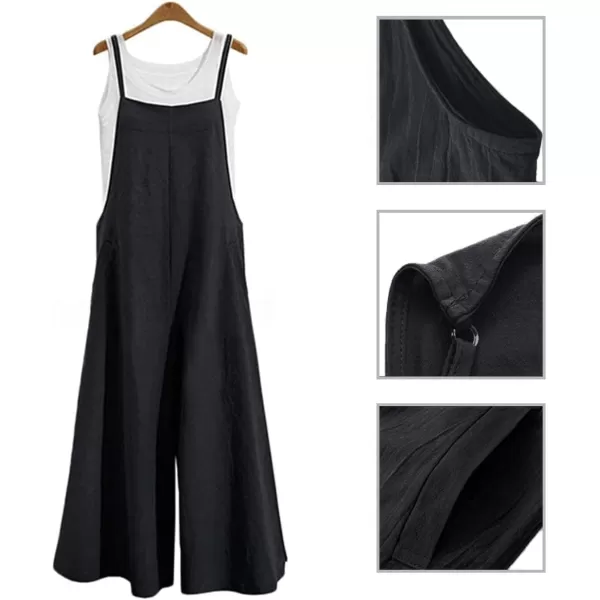 YESNO Women Casual Loose Long Bib Pants Wide Leg Jumpsuits Baggy Cotton Rompers Overalls with Pockets PZZBlack