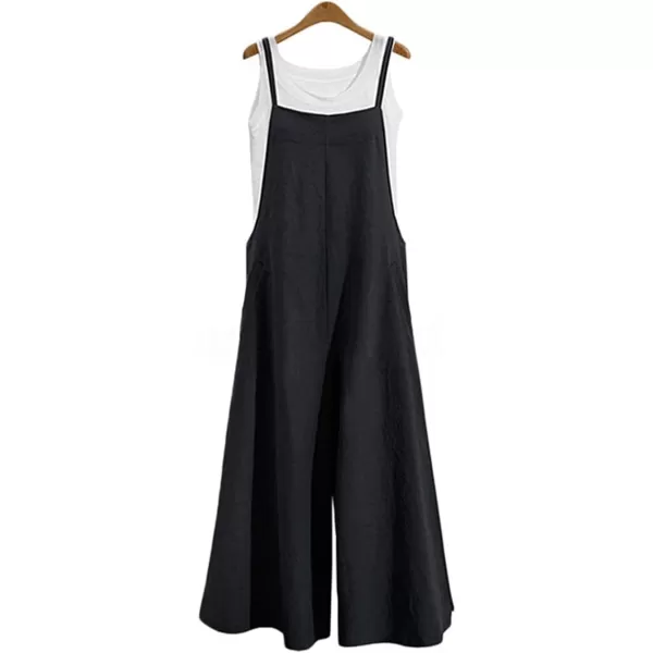 YESNO Women Casual Loose Long Bib Pants Wide Leg Jumpsuits Baggy Cotton Rompers Overalls with Pockets PZZBlack