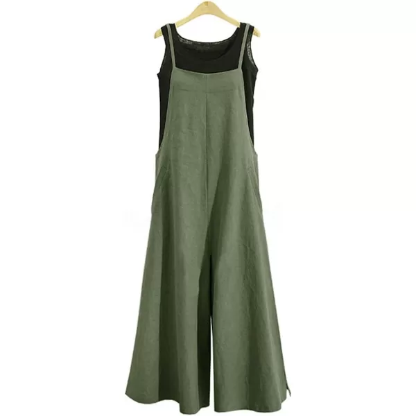 YESNO Women Casual Loose Long Bib Pants Wide Leg Jumpsuits Baggy Cotton Rompers Overalls with Pockets PZZDark Army Green