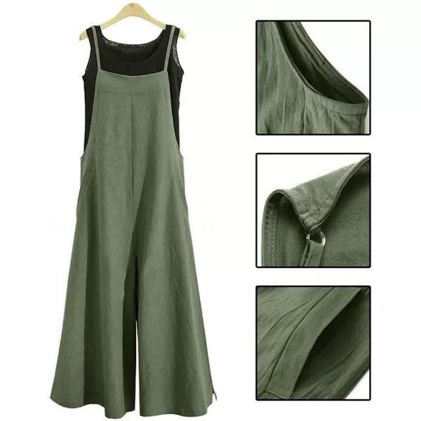 YESNO Women Casual Loose Long Bib Pants Wide Leg Jumpsuits Baggy Cotton Rompers Overalls with Pockets PZZDark Army Green