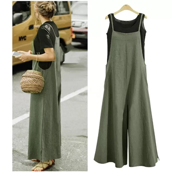 YESNO Women Casual Loose Long Bib Pants Wide Leg Jumpsuits Baggy Cotton Rompers Overalls with Pockets PZZDark Army Green