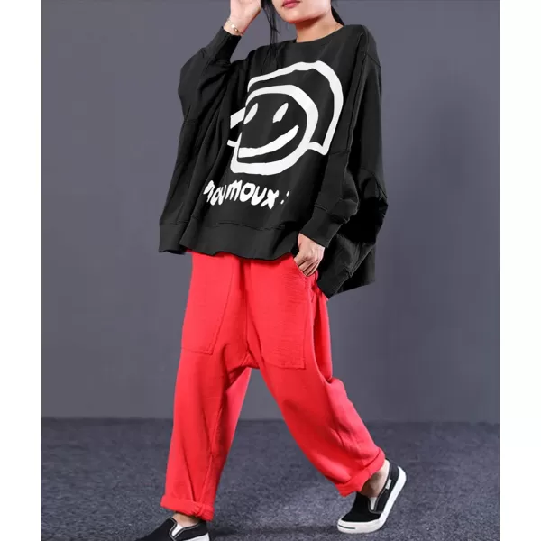 YESNO Women Casual Oversized Sweatshirts Bat Wing Long Sleeve Crewneck Pullover Tops Cute Smiley Printed WN6Wn6 Black