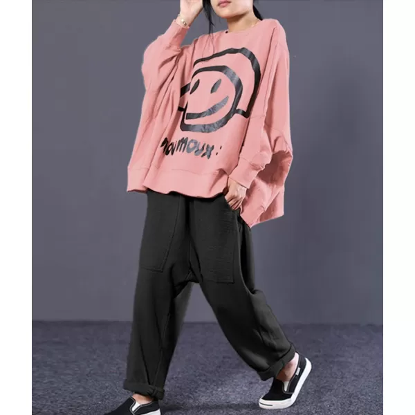 YESNO Women Casual Oversized Sweatshirts Bat Wing Long Sleeve Crewneck Pullover Tops Cute Smiley Printed WN6Wn6 Pink