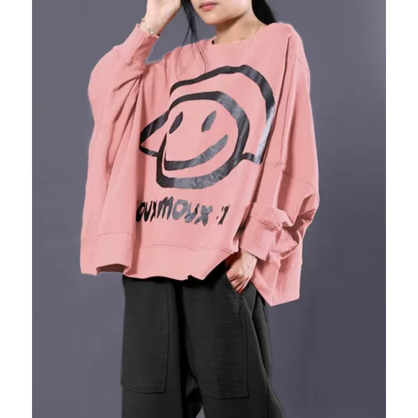 YESNO Women Casual Oversized Sweatshirts Bat Wing Long Sleeve Crewneck Pullover Tops Cute Smiley Printed WN6Wn6 Pink