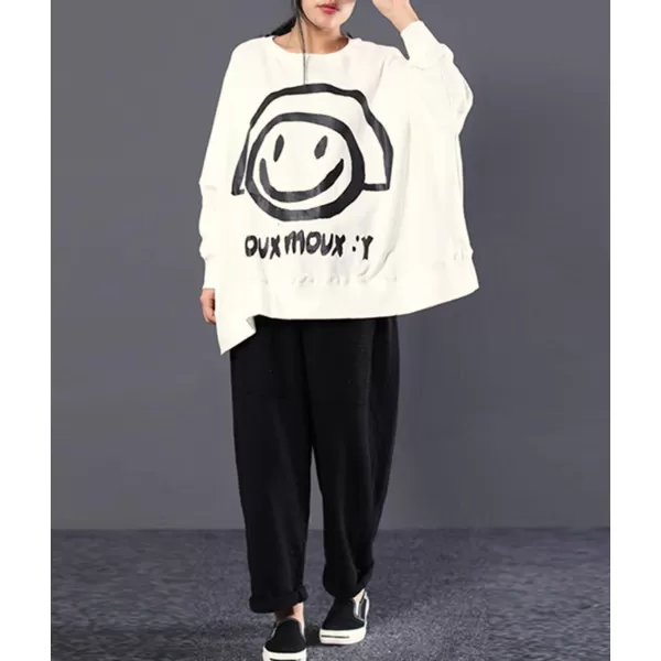 YESNO Women Casual Oversized Sweatshirts Bat Wing Long Sleeve Crewneck Pullover Tops Cute Smiley Printed WN6Wn6 White