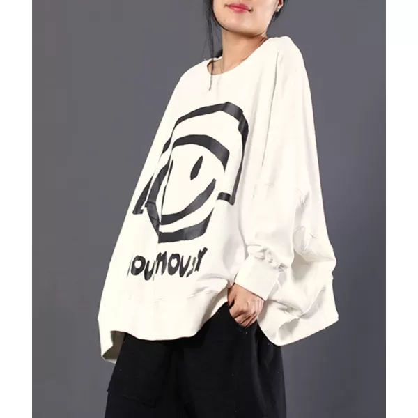 YESNO Women Casual Oversized Sweatshirts Bat Wing Long Sleeve Crewneck Pullover Tops Cute Smiley Printed WN6Wn6 White