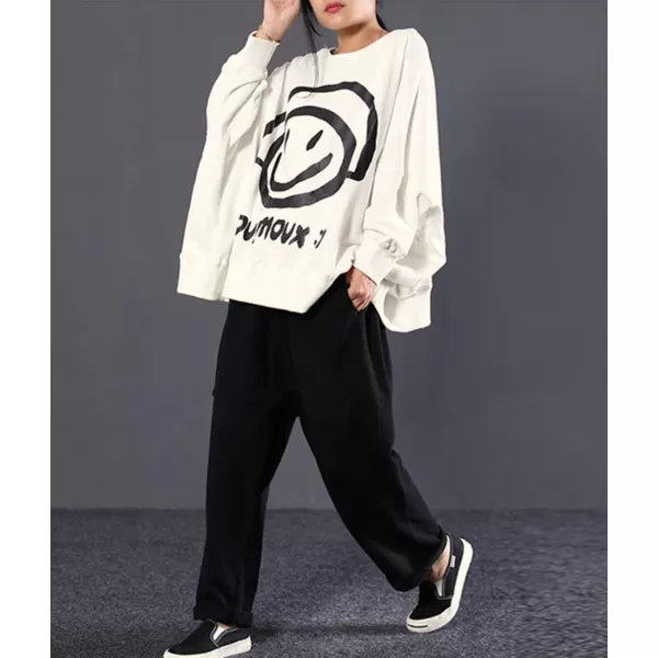 YESNO Women Casual Oversized Sweatshirts Bat Wing Long Sleeve Crewneck Pullover Tops Cute Smiley Printed WN6Wn6 White