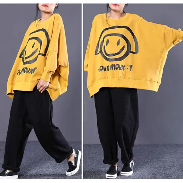 YESNO Women Casual Oversized Sweatshirts Bat Wing Long Sleeve Crewneck Pullover Tops Cute Smiley Printed WN6Wn6 Yellow