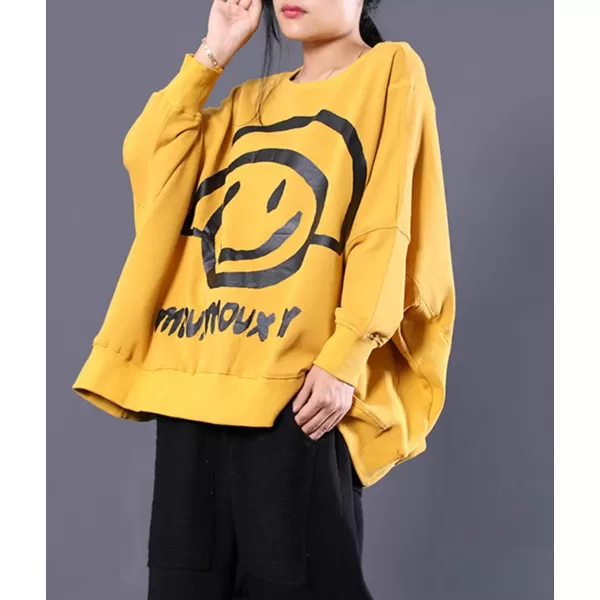 YESNO Women Casual Oversized Sweatshirts Bat Wing Long Sleeve Crewneck Pullover Tops Cute Smiley Printed WN6Wn6 Yellow