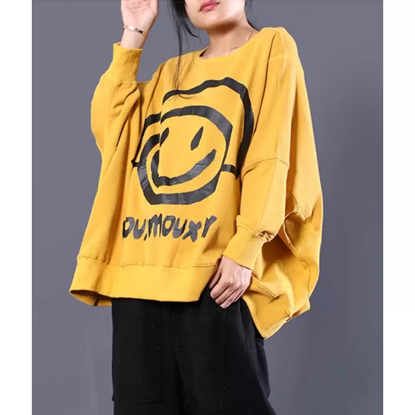 YESNO Women Casual Oversized Sweatshirts Bat Wing Long Sleeve Crewneck Pullover Tops Cute Smiley Printed WN6Wn6 Yellow