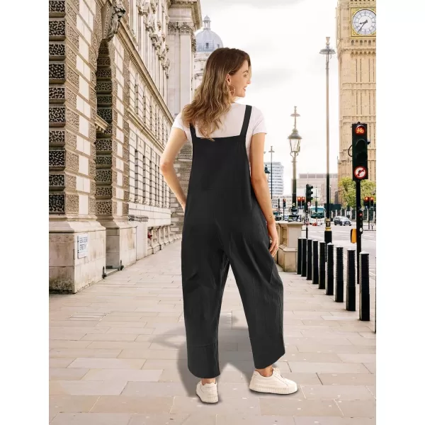 YESNO Women Cotton Overalls Casual Loose Adjustable Straps Bib Pants Tulip Wide Leg Jumpsuits with Pockets PZJBlack