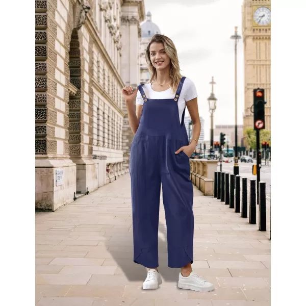 YESNO Women Cotton Overalls Casual Loose Adjustable Straps Bib Pants Tulip Wide Leg Jumpsuits with Pockets PZJNavy Blue